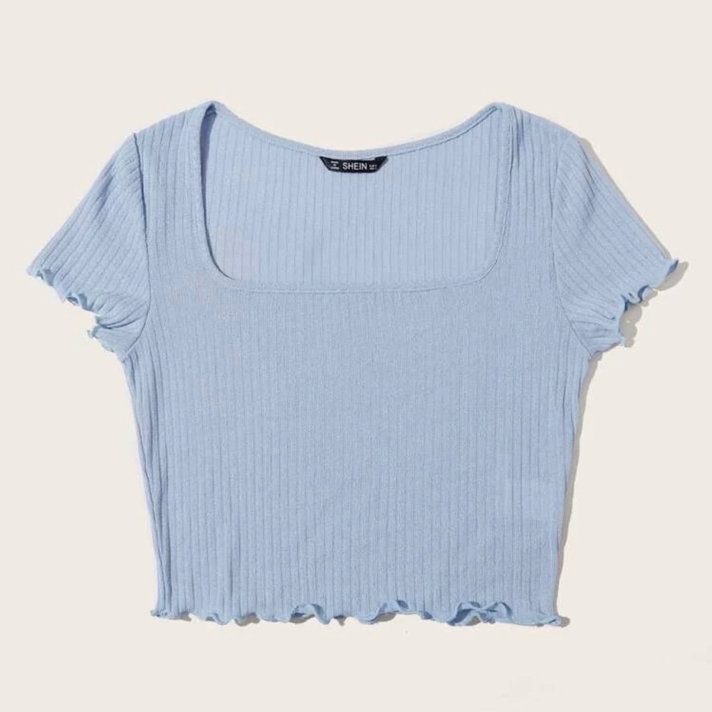 Square neck lettuce trim rib knit tee